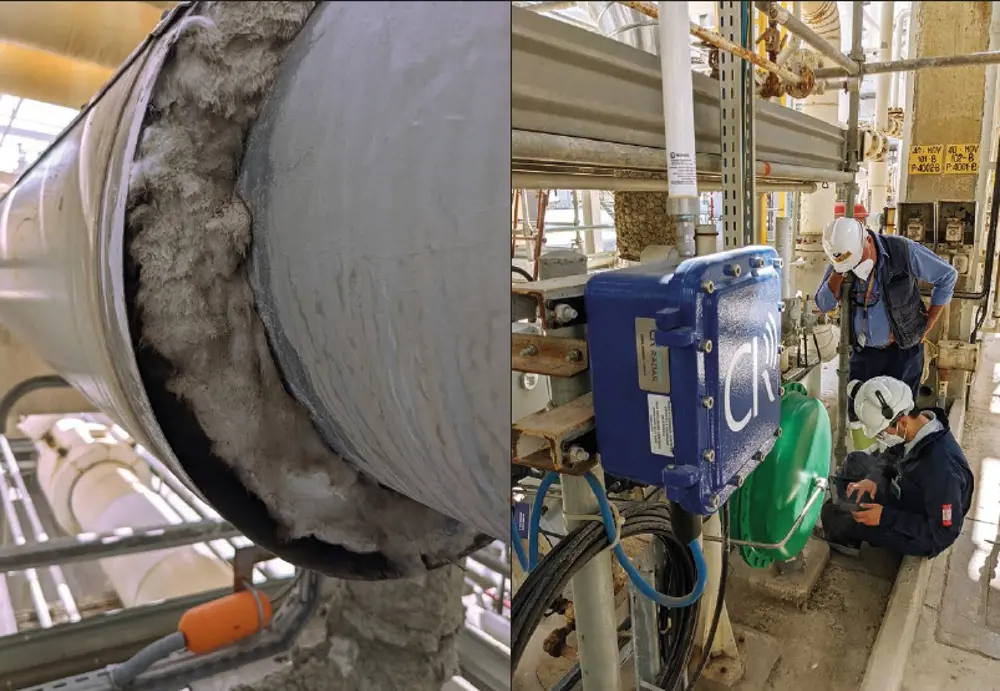 Left image shows a cutaway in a pipe, which contains insulation and sensors under the metal cladding. The right image shows two plant workers next to a blue control box in a refinery.