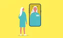A cartoon of a woman with a smartphone next to her showing it has recognised her face.
