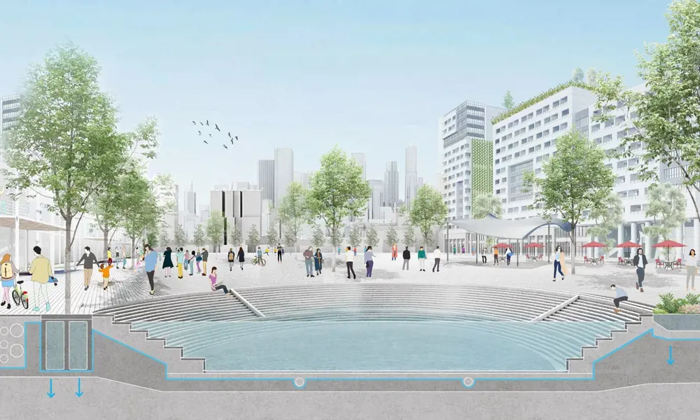 The design of an urban square in Shanghai that can serve to store storm water during flooding.