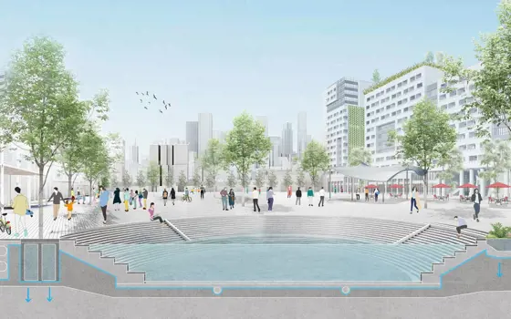 The design of an urban square in Shanghai that can serve to store storm water during flooding.