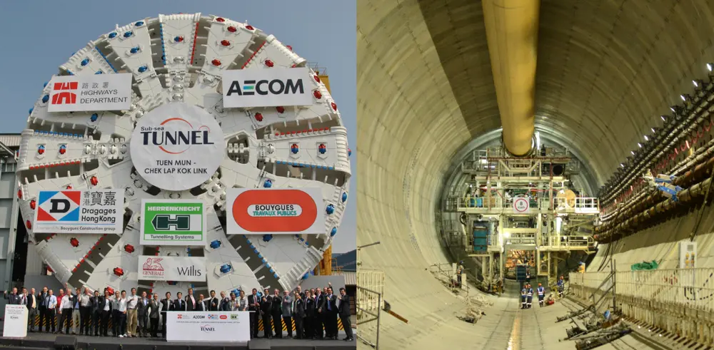 A group of people standing under a large tunnel boring machine outside (left). A tunnel boring machine inside one of the twin tunnels for the construction of the Hong Kong tunnel (right).