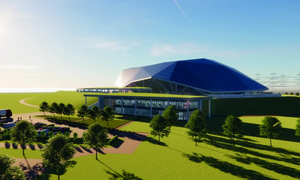 A digital rendering of a futuristic building in a green landscape.