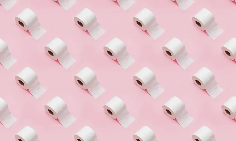 An array of toilet rolls on a pink surface.