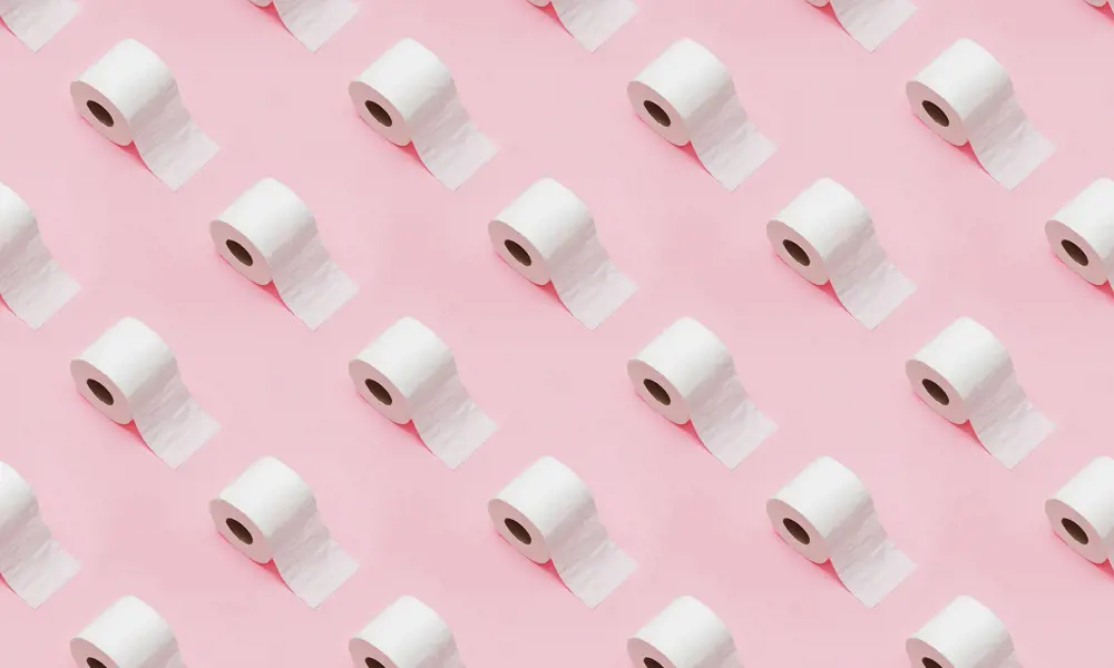 An array of toilet rolls on a pink surface.