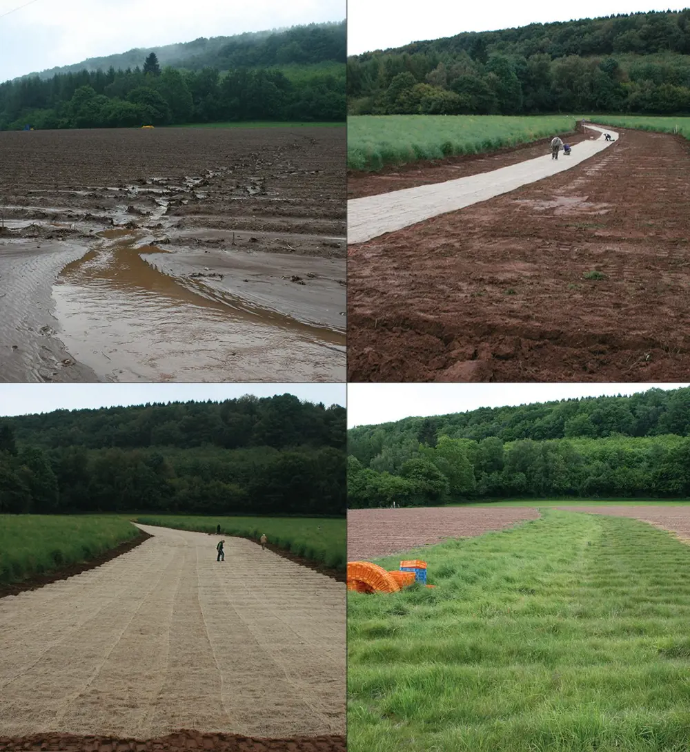 A collage of four photographs showing different ways to control soil erosion. 