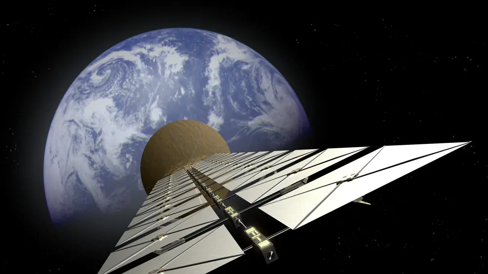 An artist's impression of a satellite in space for collecting solar power, shown orbiting Earth 