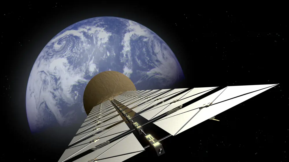An artist's impression of a satellite in space for collecting solar power, shown orbiting Earth
