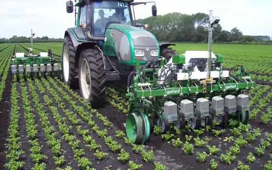 A tractor in a field of linearly planted crops, attached to a Garford Robocrop automatic hoe system, which is aligned with the spacing of the crops.