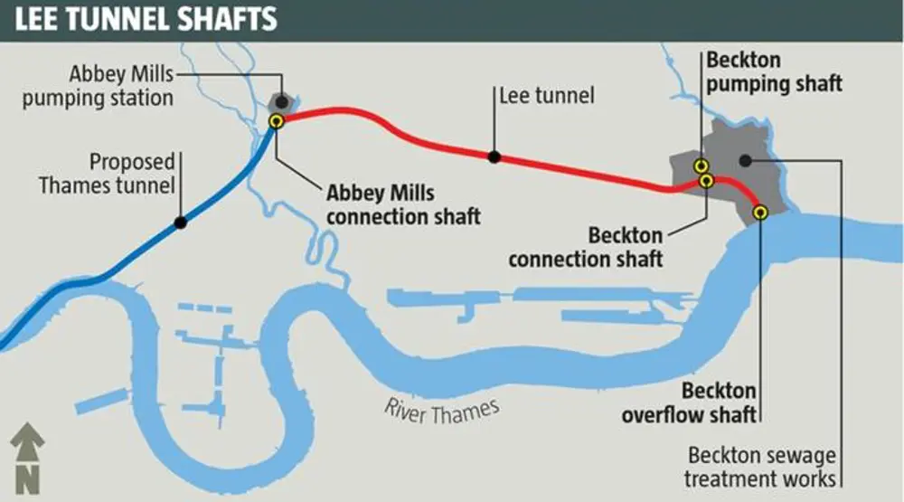 A map of the proposed Thames Tunnel in relation to the Lee Tunnel, the Abbey Mills pumping station, the Beckton pumping station and overflow shaft and the River Thames. 