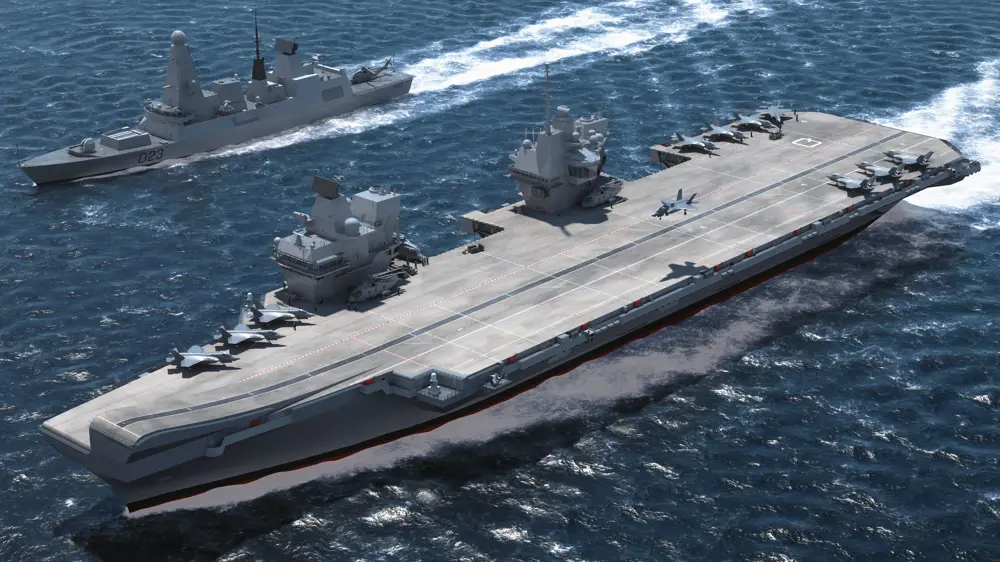 The HMS Queen Elizabeth in the ocean next to the smaller Type 45 destroyer. 