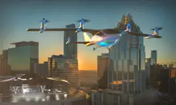 An electric plane taking off in a city from a helicopter landing pad.