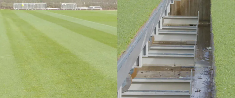 The pitch grass (left) and a close-up of in between two sections of the pitch (right).