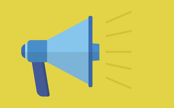 Blue cartoon megaphone icon on a yellow background