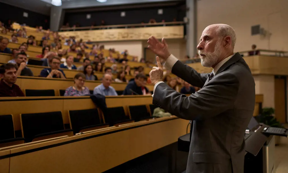 Vint Cerf standing in front of a room of people in a lecture hall.