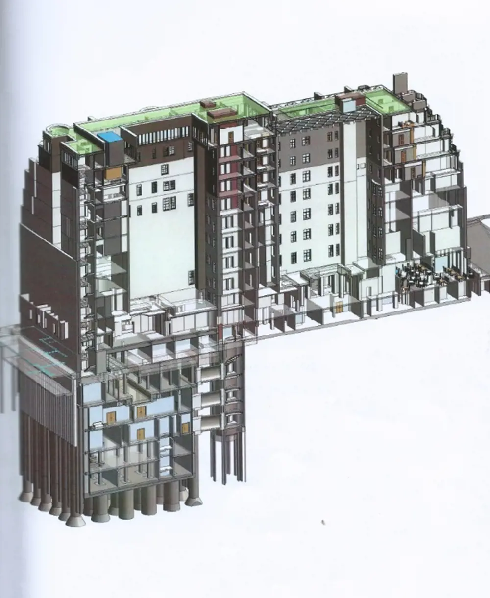 A computer generated design of a cross section of the Claridge's hotel building, showing the basement extending underground on one side of the building. 