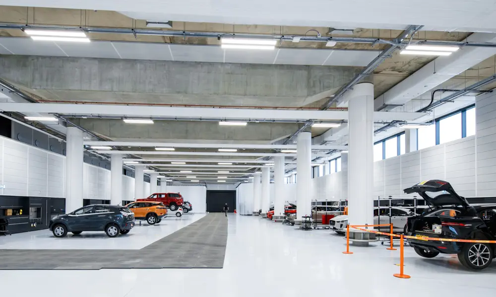 New cars lined up inside of the National Automotive Innovation Centre in Warwick.