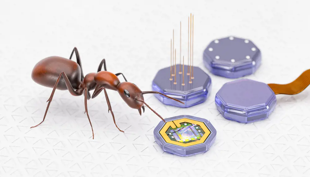 A rendering of a brown ant, standing next to four octagonal chips encased in a shiny purple material.