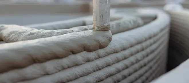 Close-up of layered concrete being extruded in a 3D-printing process.
