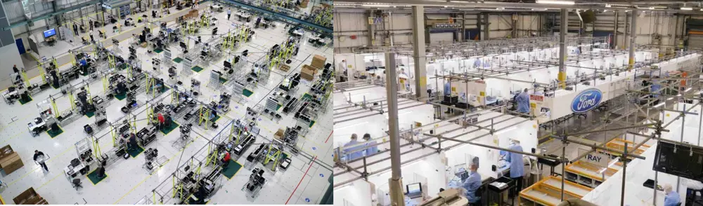 Aerial shot of an assembly line which is spaced apart (left). People with protective equipment working on a Ford assembly line in screened spaces (right).