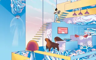 An artist's impression of a home in the future made using mycelium-based materials, which are represented by hyphae-like white tendrils