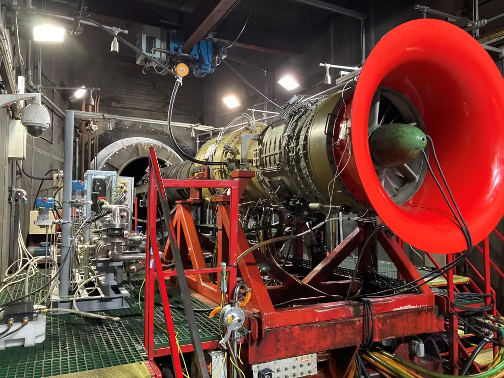 A gas turbine engine in a testing rig.