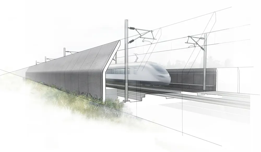 Illustration of a high-speed train passing through a section of track with tall noise barriers on both sides. The barriers have a curved, modern design, and overhead electric lines are visible. The train appears blurred, suggesting motion.