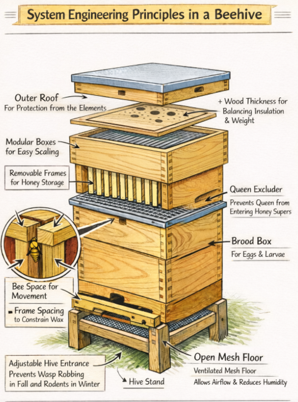 Labelled diagram titled “System engineering principles in a beehive”. A stacked wooden beehive is shown in section. From top to bottom: a flat outer roof for weather protection; modular honey boxes with removable frames; a queen excluder grid; and a brood box for eggs and larvae. Notes highlight bee space, frame spacing, insulation, an adjustable entrance, an open mesh floor for airflow, and a raised hive stand.