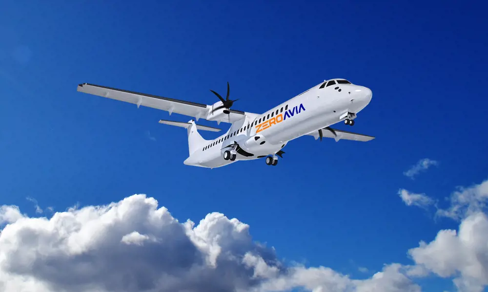 A concept image of ZeroAvia's 19 seat plane in the sky.