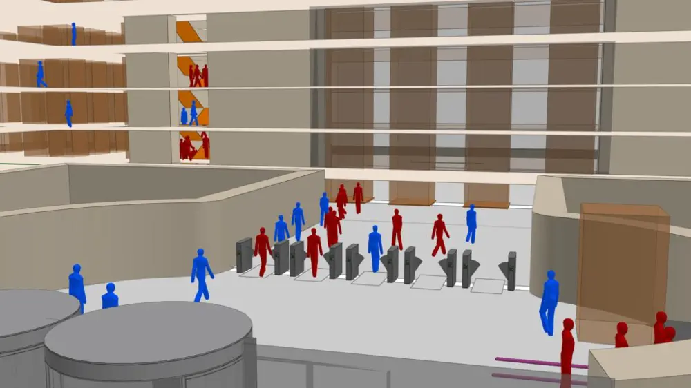 A digital image of red and blue model people walking through entrance gates in the lobby of a virtual office building. The figures who are compromising social distancing are shown in red and those who aren't are in blue.