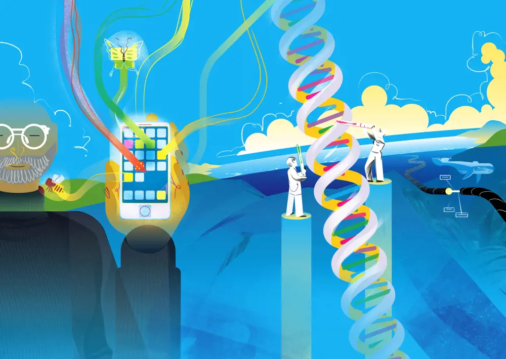 An illustration with a man resembling Steve Jobs holding an iPhone with apps transcending its screen, next to two scientists making molecular tweaks to a giant double helix of DNA, next to a sea scape with an undersea cable next to a whale