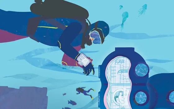 An illustration showing a diver underwater wearing a blue wetsuit and a wrist-worn dive computer, with another diver and fish in the background, next to an underwater living habitat