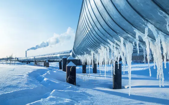 A pipeline in the snow, with icicles hanging from it. 
