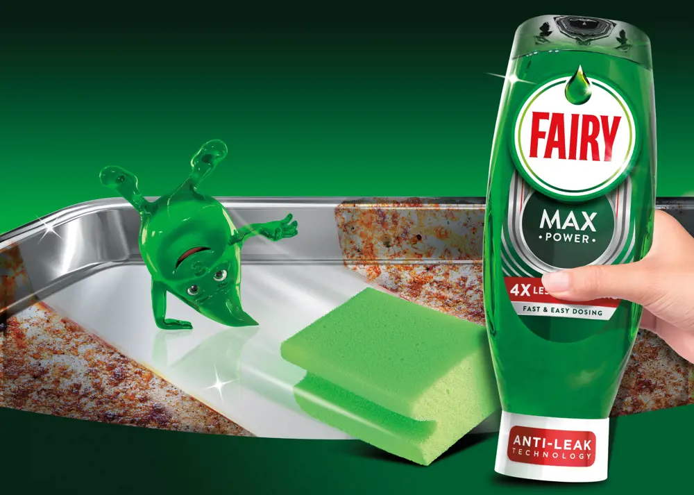 A dirty tray with a sponge and a shiny green droplet doing a cartwheel across a clean section of it, with a hand holding a bottle of Fairy Liquid in the foreground