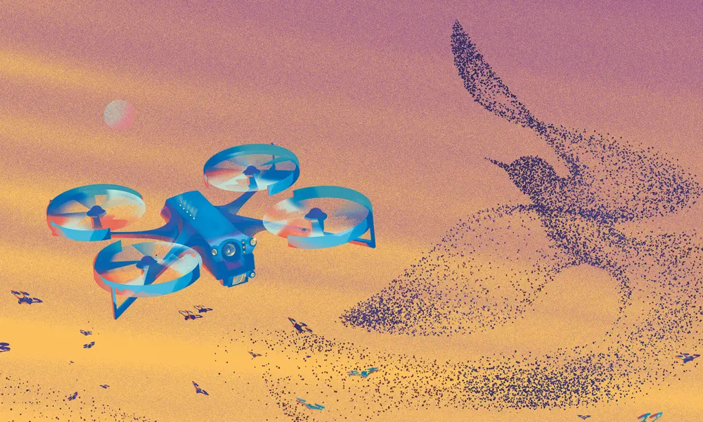 An illustration of a swarm of small drones, forming a "murmuration" resembling the shape of a bird.
