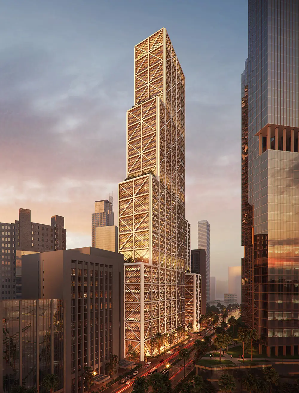 A tall, illuminated skyscraper with a geometric lattice design stands among other high‑rise buildings at sunset.
