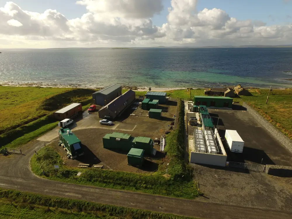 An aerial view of EMEC's hydrogen production and energy storage building on the island of Eday in Orkney.