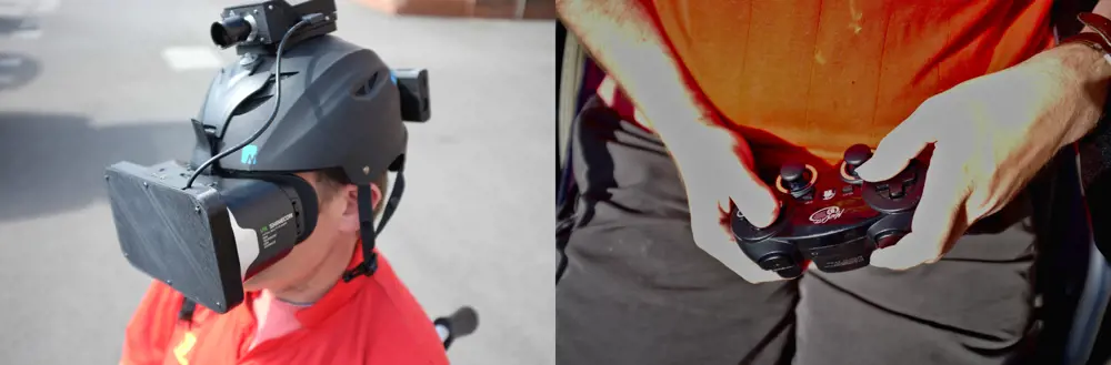 Ian wearing a bicycle-like helmet that has a video camera attached to the top of it with a screen over his eyes (left). Ian holding a PlayStation controller (right).
