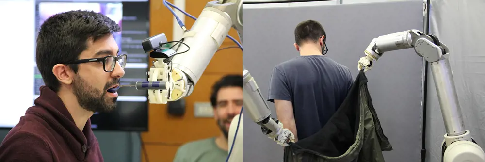 A collage of two images: on the left, a man with glasses eats from a spoon held out for him by a robot arm, on the right, a man puts on a coat held out for him by two robot arms