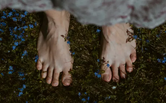 Bare feet on grass that has small blue flowers growing in it.