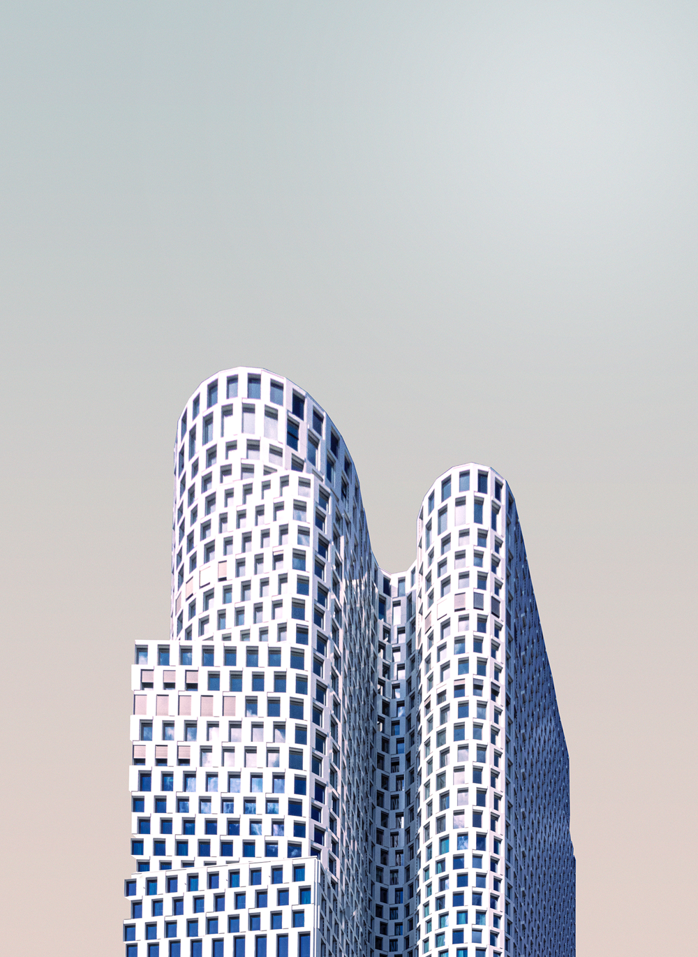 A graphic image of a curved tower on a pastel background.