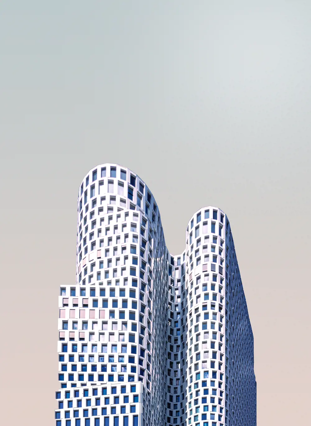 A graphic image of a curved tower on a pastel background.