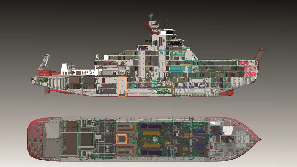 A computer-generated design of the RRS Sir David Attenborough showing the individual rooms and compartments on the side of the ship (top image) and from above (bottom image). The vertical shaft moon pool is shown near the back of the ship at the bottom of the ship.