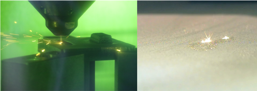 Two photos side by side, one showing a directed energy deposition 3D printer moving over a surface, the other is a close up of part of a surface being melted by a laser.