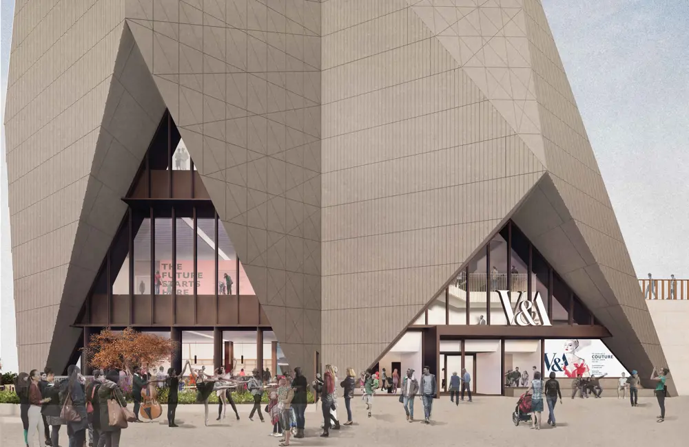 Artist’s impression of visitors gathering outside the planned entrance to V&A East.
