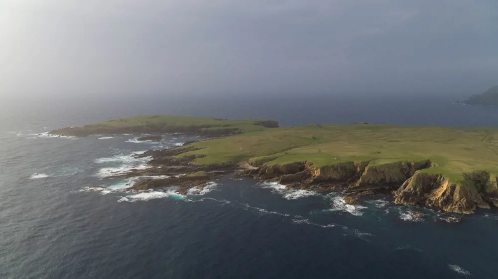 An aerial view of Unst island in Scotland. 
