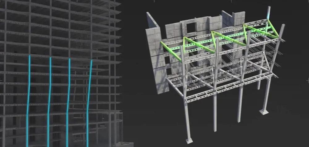 A computer generated design of the columns along the west edge of the building (left) and the horizontal trusses (right).