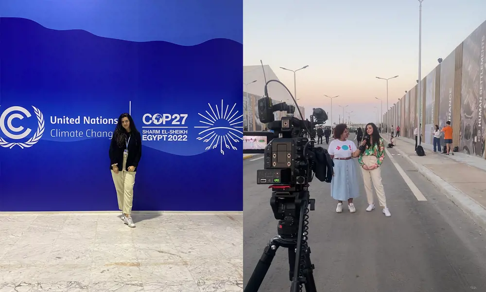 A side by side collage of two photos. The left shows a woman standing in front of a UN COP27 sign, the left shows two women standing in front of a camera in the street. One of the women is holding a microphone to the other.