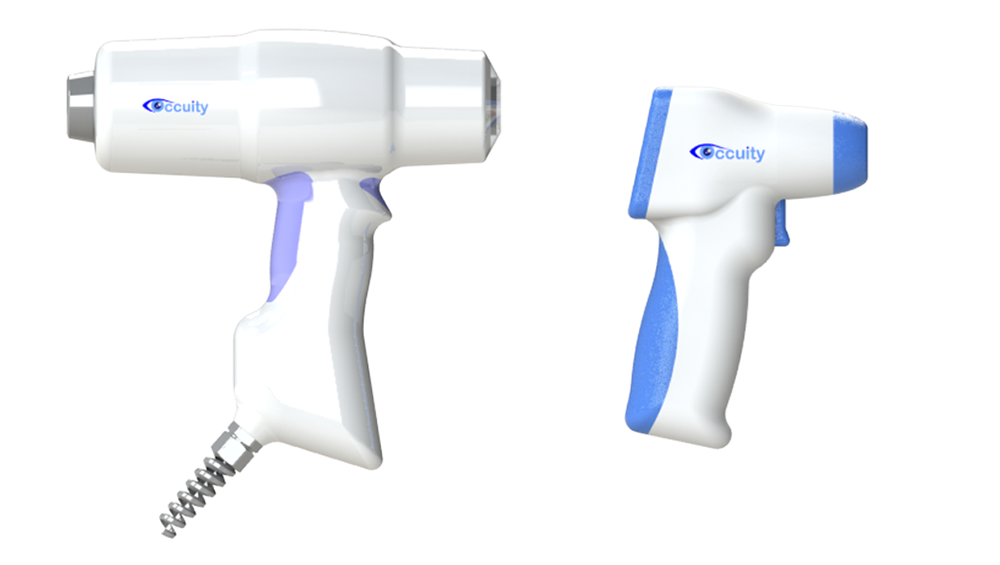 Two white and blue handheld machines used to diagnose glaucoma