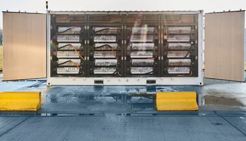 A battery bank in a shipping container shows rows of batteries for electric vehicles 