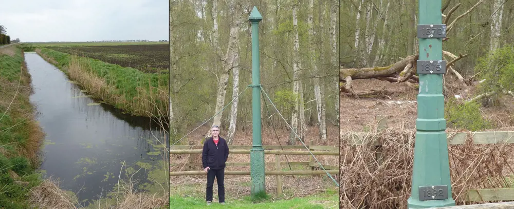 A photograph of a body of water (left) and photographs of a post with plaques on it, showing the significant decrease in the ground level (right) with a person for reference (middle).